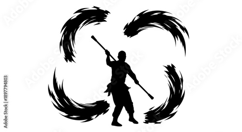 Dynamic Martial Artist Performing with Dual Sticks in Circular Motion Illustration