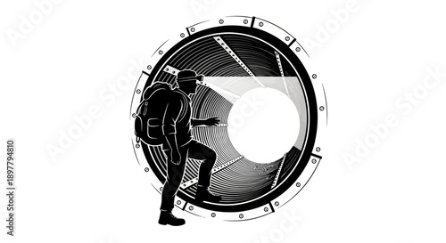 Man with Backpack Emerging from Circular Doorway into Bright Light, Viewed from Side