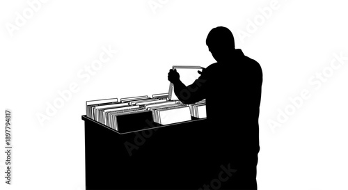 Man searching files in a cabinet, office environment, illustration, high contrast, rear view