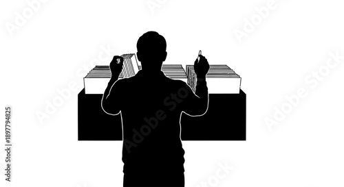 Man standing behind a box holding objects in each hand viewed from behind in a simple graphic illustration