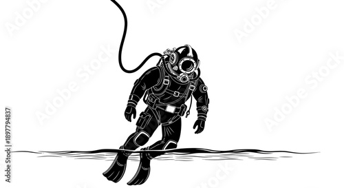 Diver exploring underwater landscape, illustration of a person in scuba gear with umbilical cord, viewed from a low angle