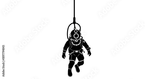 Diver Suspended Mid-Dive in a Vertical Descent, Hanging from a Rope in the Water Column