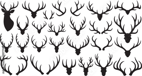deer head antler silhouettes grid for badge logo emblem and icons pack