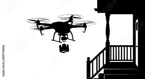 Drone Delivering Package to Porch of House in Residential Area