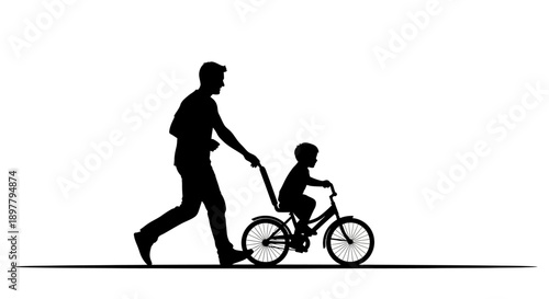 Father guiding child to ride bicycle on a flat path with steady hand