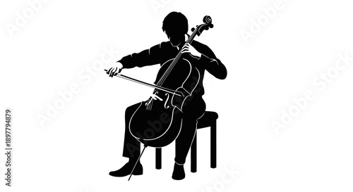 Silhouette of a person playing cello on a chair, viewed from the side