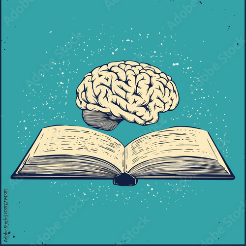 Human brain on an open book. Self development and education concept , vector style simple color