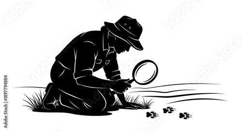 Man examining plants closely with a magnifying glass in a natural setting