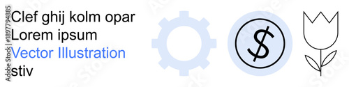 Technology, finance, economy, industry, development, sustainability. Gear icon, dollar sign and tulip line drawing. Technology and finance interconnected concepts