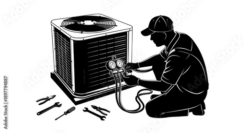Man servicing air conditioning unit with tools beside him