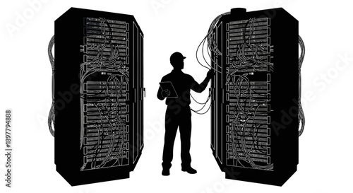 Man inspecting complex server systems in a high-tech environment from a frontal viewpoint