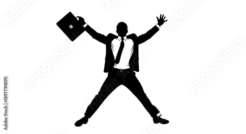 Silhouette of a man in business attire celebrating success with briefcase, standing triumphantly with outstretched arms in a dynamic pose