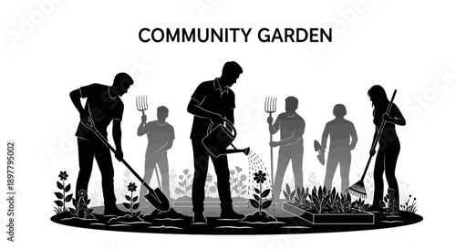Community gardeners tending plants and harvesting crops together in a collaborative outdoor environment