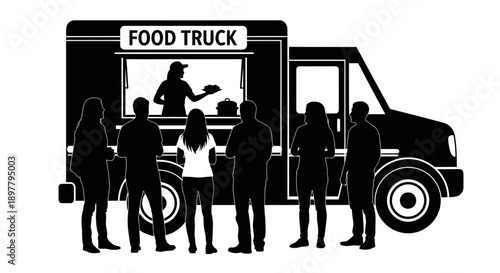 People gathering around a food truck serving meals on the street