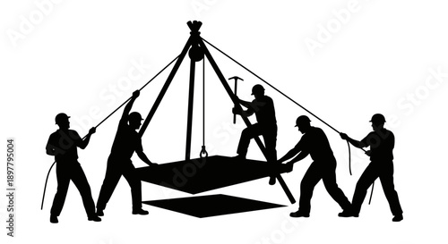 Workers lifting a heavy object with ropes in a coordinated effort
