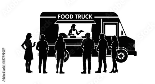 Customers gathered around a food truck with a chef serving from an open window