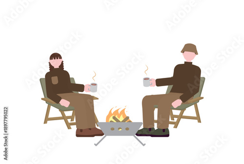 焚き火を楽しむ男女のイラスト