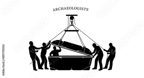 Archaeologists carefully lifting ancient artifact with crane at excavation site
