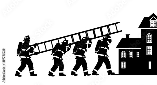 Firefighters carrying a ladder towards a two-story house in a rescue operation illustration