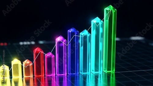 Glowing Crystal Bar Chart Showing Upward Trend Rainbow Colors.