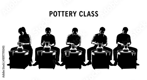 People engaged in pottery class activity at various workstations, creating ceramics from different viewpoints