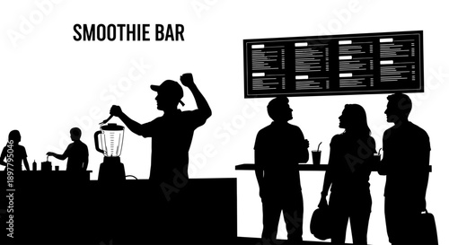 Customers ordering at a modern smoothie bar with a barista preparing drinks for a busy crowd
