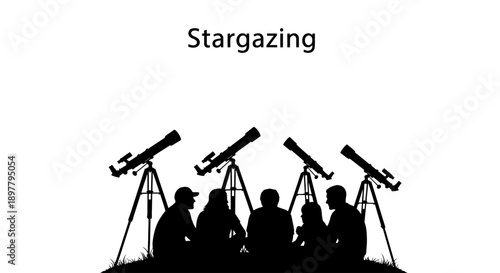 Group of people stargazing together at night with telescopes in a dark landscape from a low viewpoint