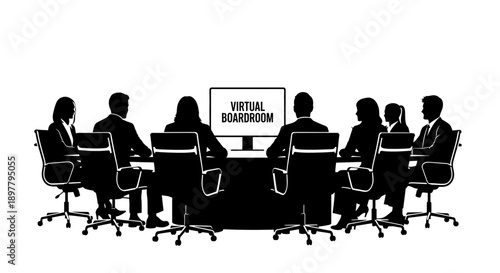Business Professionals Engaged in Virtual Boardroom Discussion Around Conference Table with Computer Monitor