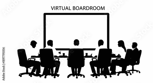 Virtual meeting in progress with participants engaged around a digital boardroom table, depicted in a minimalist illustration style.
