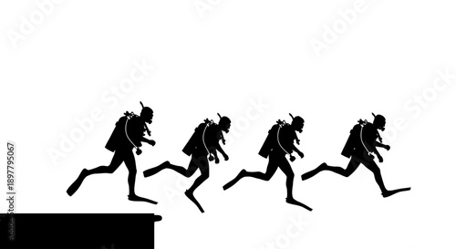 Silhouetted businessmen jumping off a cliff, illustrating corporate risk-taking and competitive spirit in a stark, graphic illustration