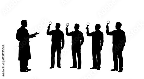 Silhouetted men holding light bulbs in a row, facing a figure in a lab coat, vector illustration