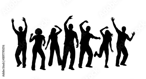 Group of silhouetted people dancing together in energetic poses captured from a front viewpoint