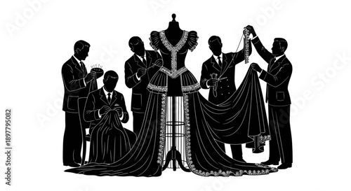 Fashion designers collaborating on gown, dress, mannequin, fashion, clothing, surrounded by tailors in studio