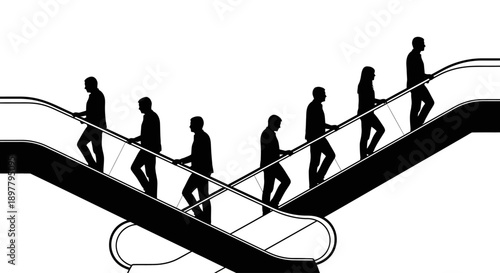 Silhouetted figures ascending and descending on intertwined escalators in a dynamic urban environment viewed from a side perspective