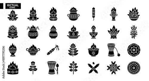 A comprehensive collection of black and white ritual icons representing various spiritual and cultural practices and offerings.