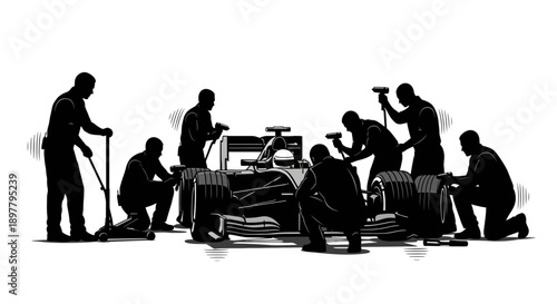 Team of mechanics working on a racing car, preparing for a competition, with tools and equipment scattered around the garage