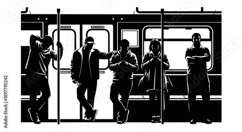 People Riding on a Subway Train During Rush Hour Illustrated Scene