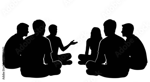 Group discussion silhouettes of people sitting in a circle on the floor, vector illustration