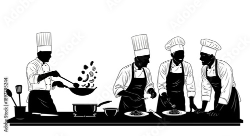 Professional chefs cooking in a commercial kitchen with utensils and ingredients in action