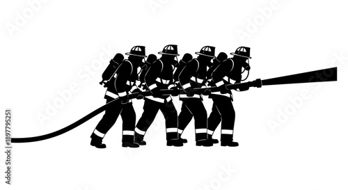 Firefighters in action holding a large hose in a dramatic rescue operation outdoors from a frontal viewpoint