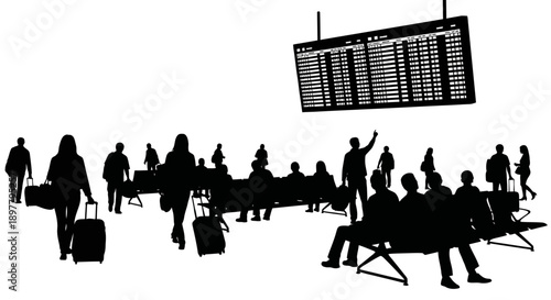 Airport Departures Board Silhouettes of Travelers Waiting and Checking Flight Information