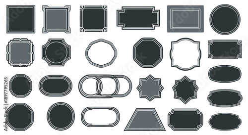 A diverse collection of thirty dark grey and black frames and borders in various geometric and decorative shapes with lighter outlines, presented on a white background.