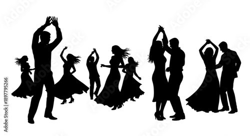 Silhouetted couples dancing together in various elegant poses and movements on a floor, captured from a front viewpoint