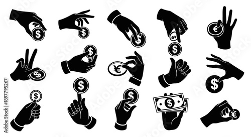 Black silhouette hands holding various currency coins and a banknote, representing financial transactions and money exchange.