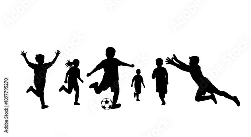 Children playing soccer together in a joyful outdoor scene with dynamic movements and energetic silhouettes