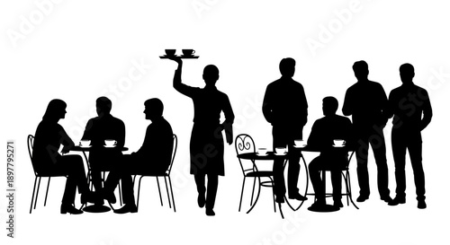 Business meeting scene with waiter serving food to seated clients in a modern environment