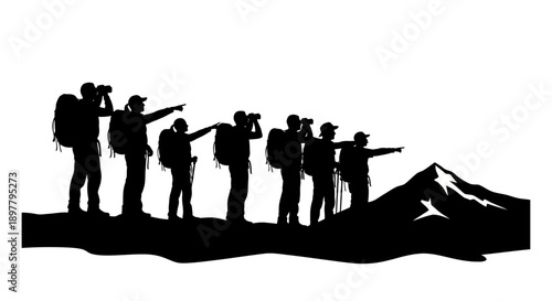 Group of hikers on mountain ridge exploring landscape with binoculars and telescopes