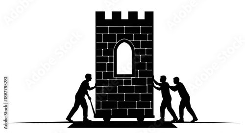Three silhouetted men pushing a stone tower on wheels, a surreal scene of movement and teamwork