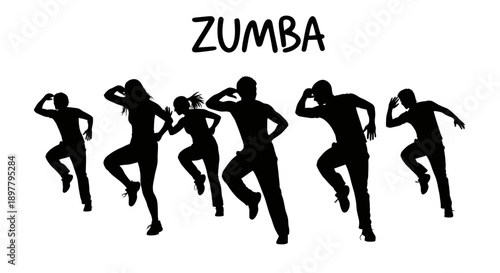 Group of people dancing Zumba in energetic poses, illustration, studio viewpoint