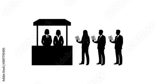 Graphic Illustration of a White Booth with Three People Inside and Three People Outside in Black and White